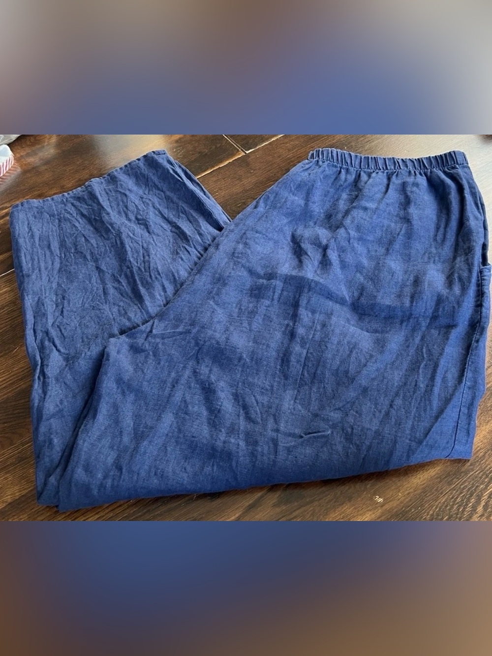 Flax Linen Crop Pants Women’s L (14-18) Drk Blue Pull On Pockets Lagenlook Beach - Picture 3 of 11